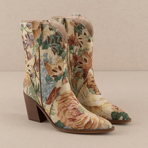 Paneled Floral Jacquard Tapestry Western Boots - Oasis Society - Picture 2 of 5